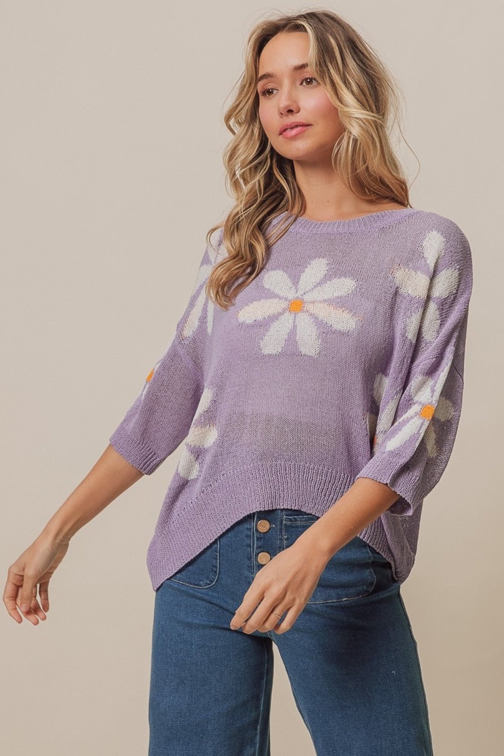 BiBiFloral Pattern Tunic Sweater in Lavender Ivory