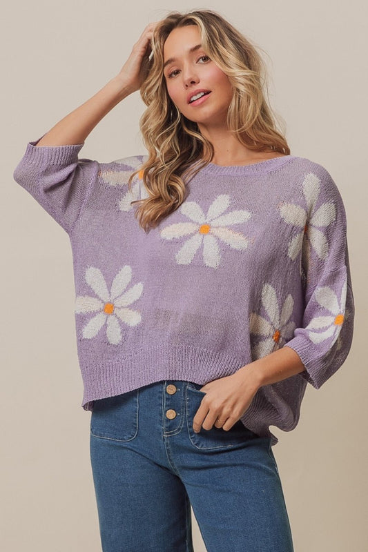 BiBiFloral Pattern Tunic Sweater in Lavender Ivory