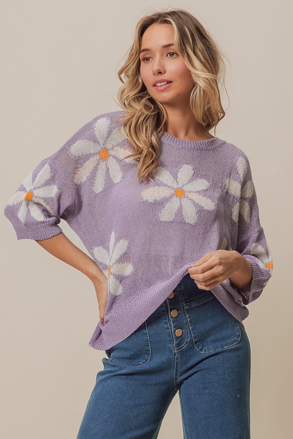 BiBiFloral Pattern Tunic Sweater in Lavender Ivory