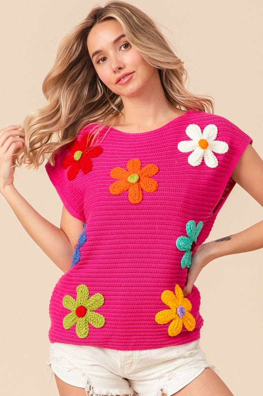 BiBiFlower Patch Cap Sleeve Knit Top in Fuchsia Multi