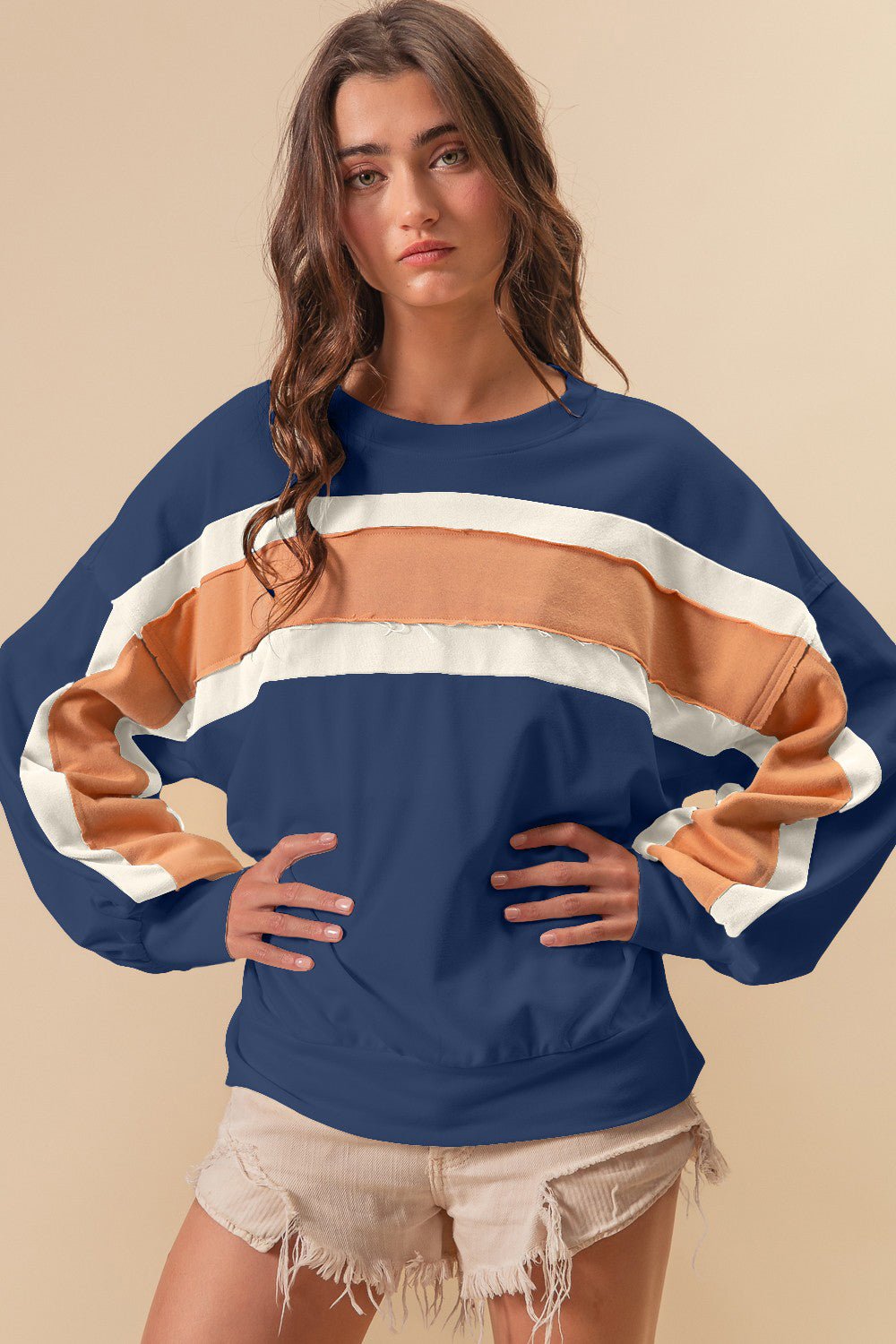 BiBiFrench Terry Color Block Sweatshirt in Indigo Mustard