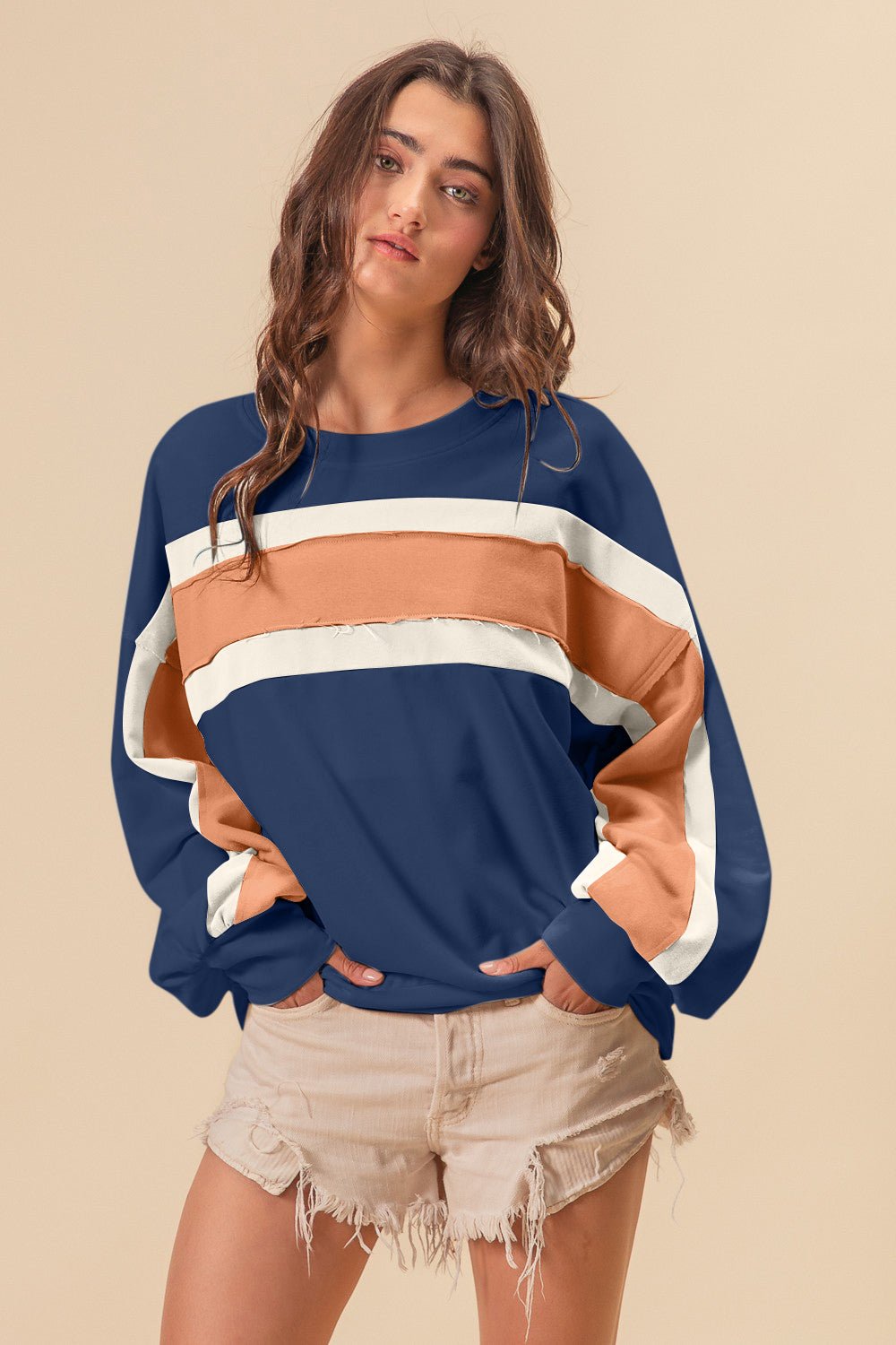 BiBiFrench Terry Color Block Sweatshirt in Indigo Mustard