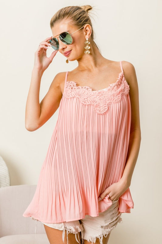 BiBiFront Lace Detail Pleated Chiffon Cami in Blush