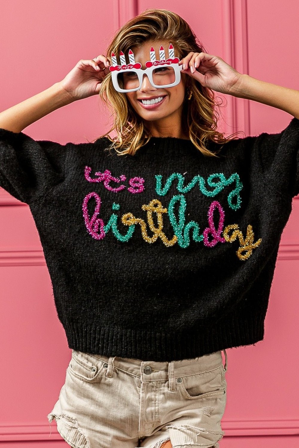 BiBiIt's My Birthday Metallic Letter Puff Sleeve Sweater in Black