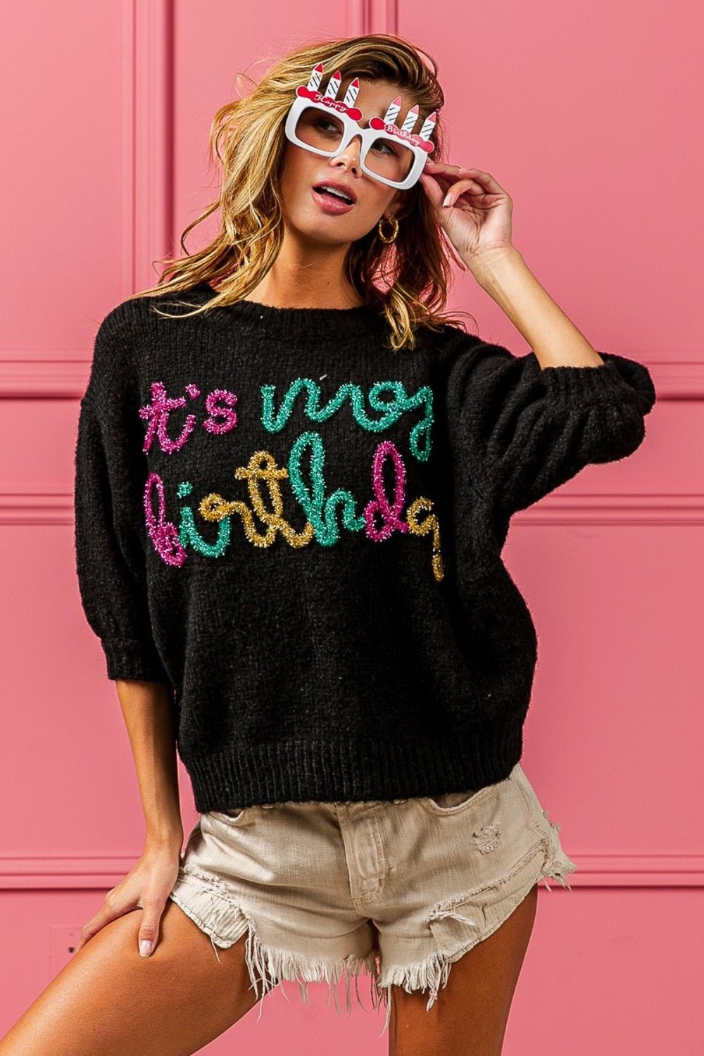 BiBiIt's My Birthday Metallic Letter Puff Sleeve Sweater in Black