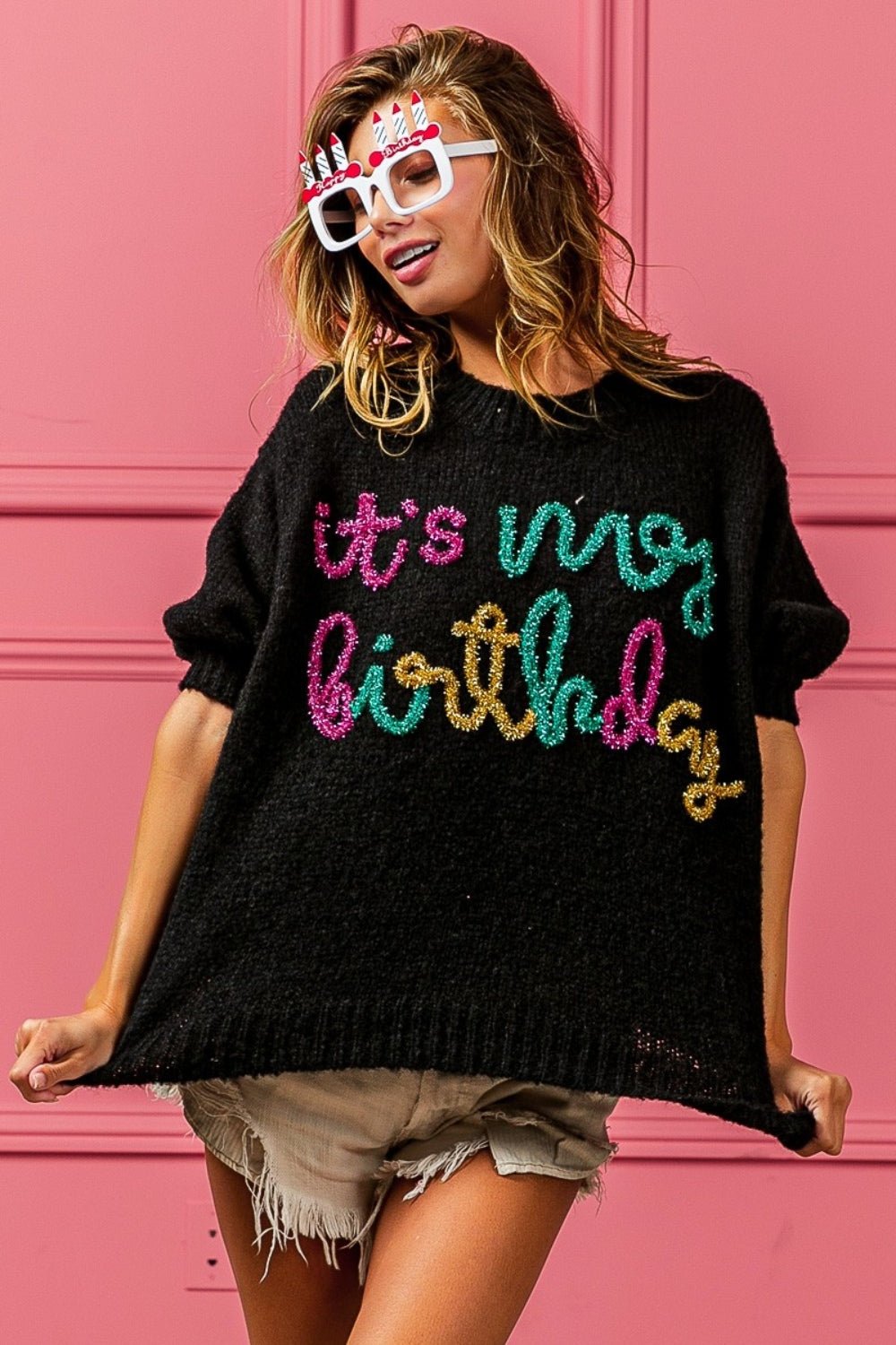 BiBiIt's My Birthday Metallic Letter Puff Sleeve Sweater in Black