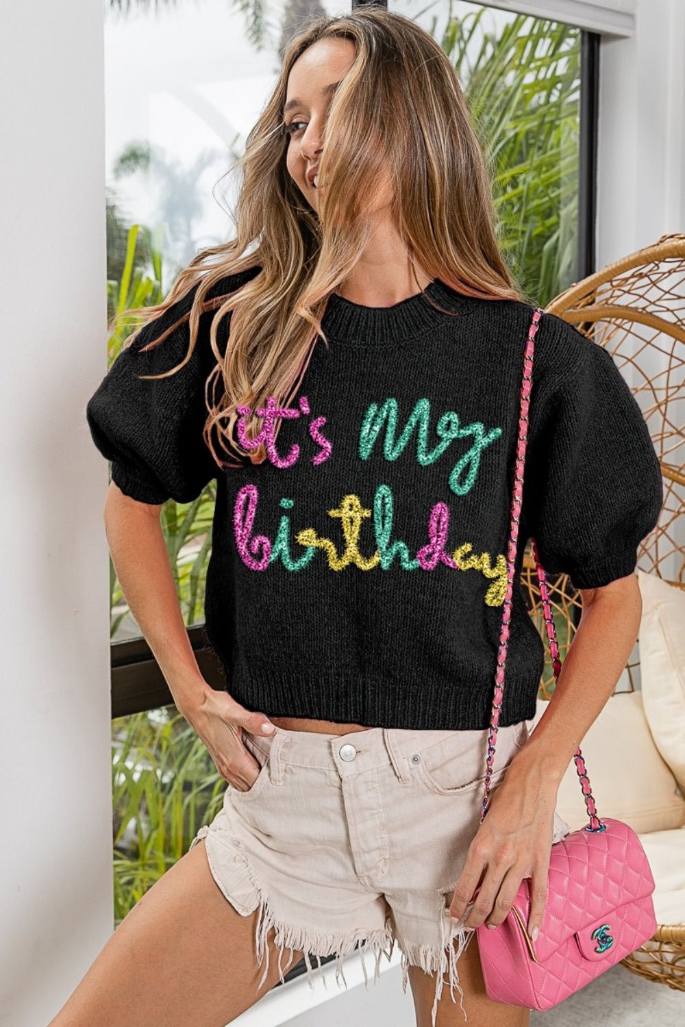 BiBiIt's My Birthday Metallic Letter Puff Sleeve Sweater in Black