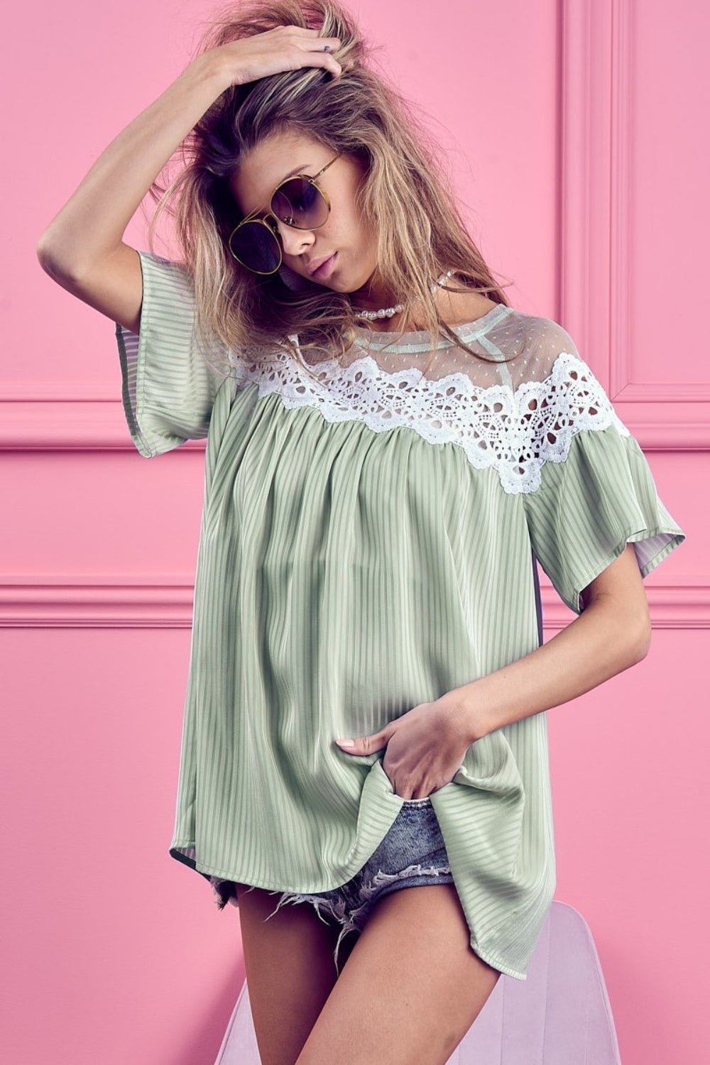 BiBiLace Detail Short Sleeve Striped Blouse in Sage