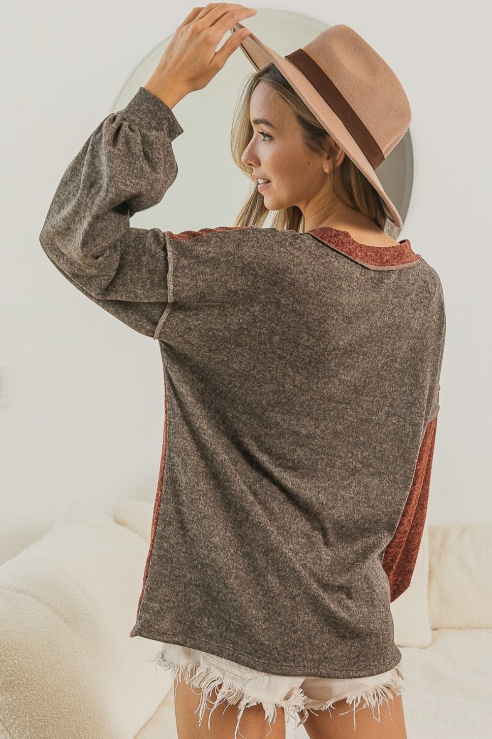 BiBiLong Sleeve V - Neck T - Shirt in Mocha Rust