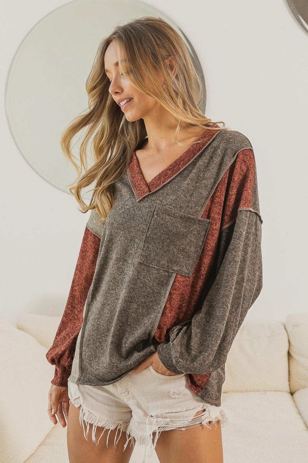 BiBiLong Sleeve V - Neck T - Shirt in Mocha Rust