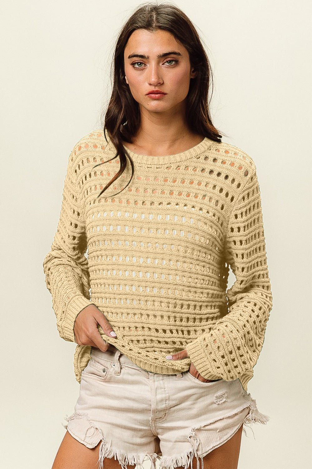 BiBiOpenwork Long Sleeve Knit Top in Oatmeal