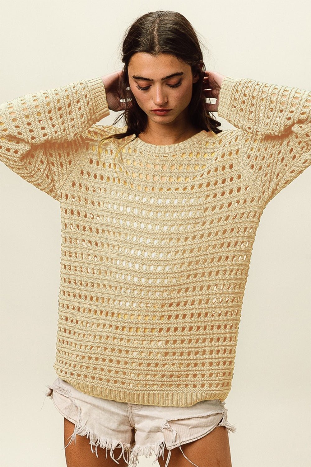 BiBiOpenwork Long Sleeve Knit Top in Oatmeal