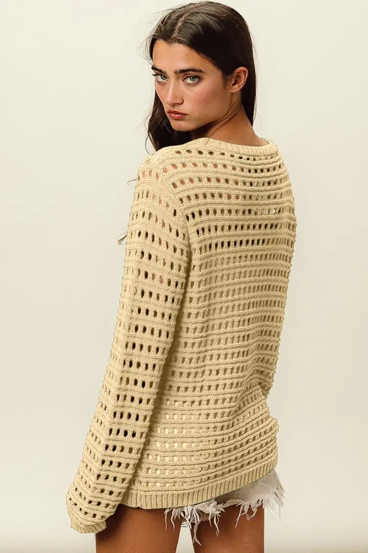 BiBiOpenwork Long Sleeve Knit Top in Oatmeal