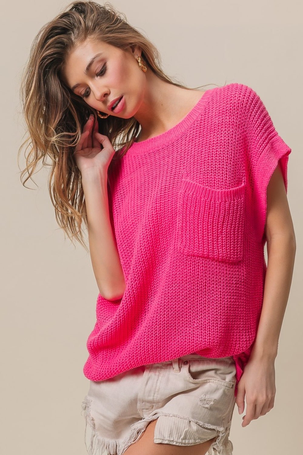 BiBiPatch Pocket Short Sleeve Sweater in Fuchsia