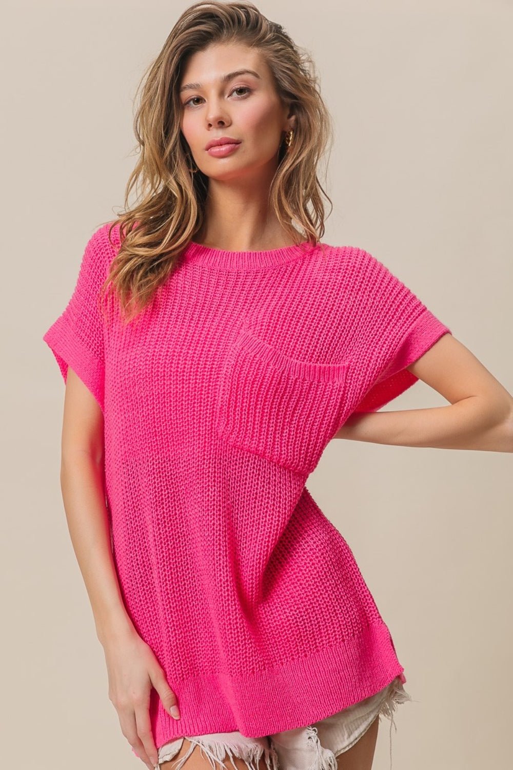 BiBiPatch Pocket Short Sleeve Sweater in Fuchsia