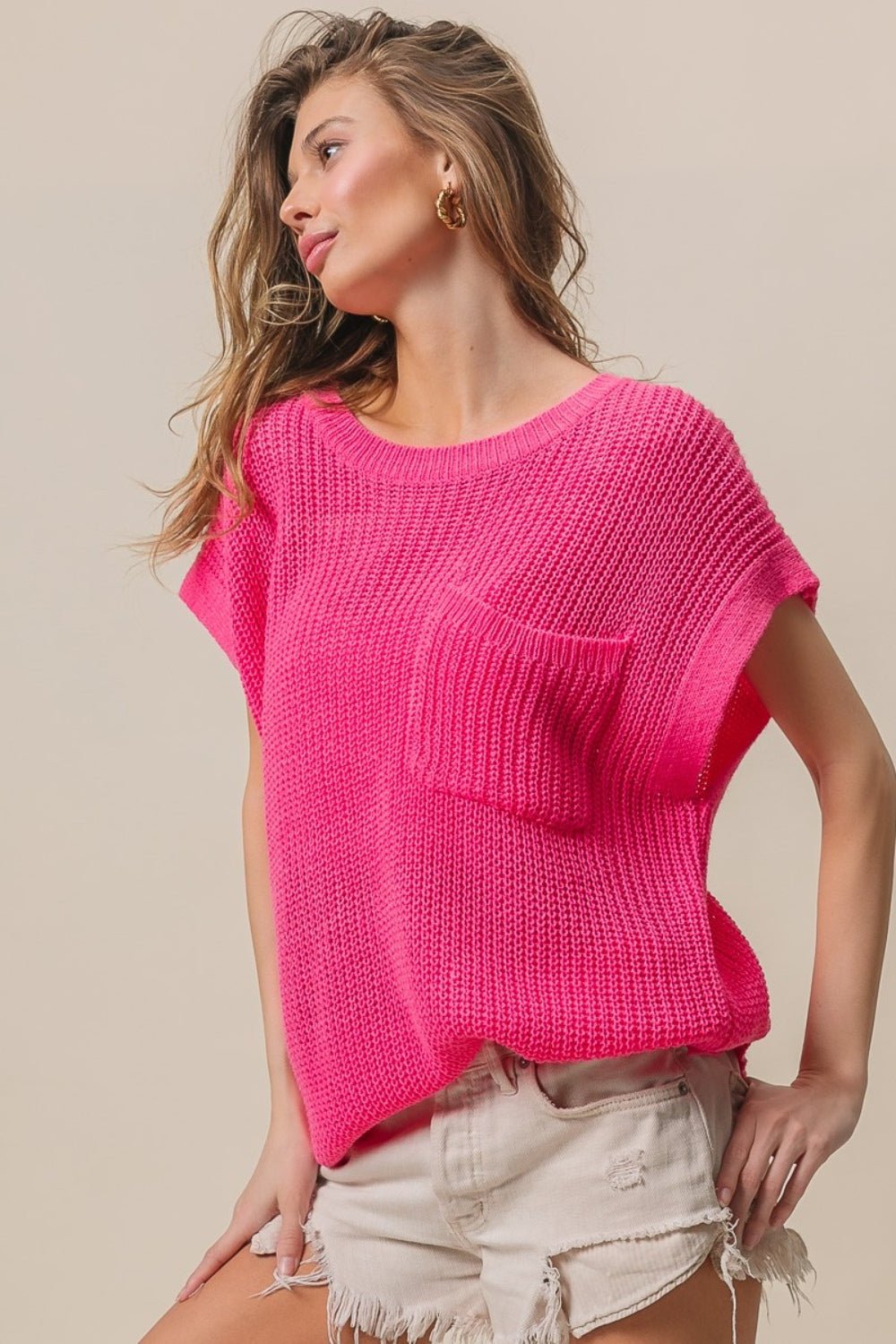 BiBiPatch Pocket Short Sleeve Sweater in Fuchsia