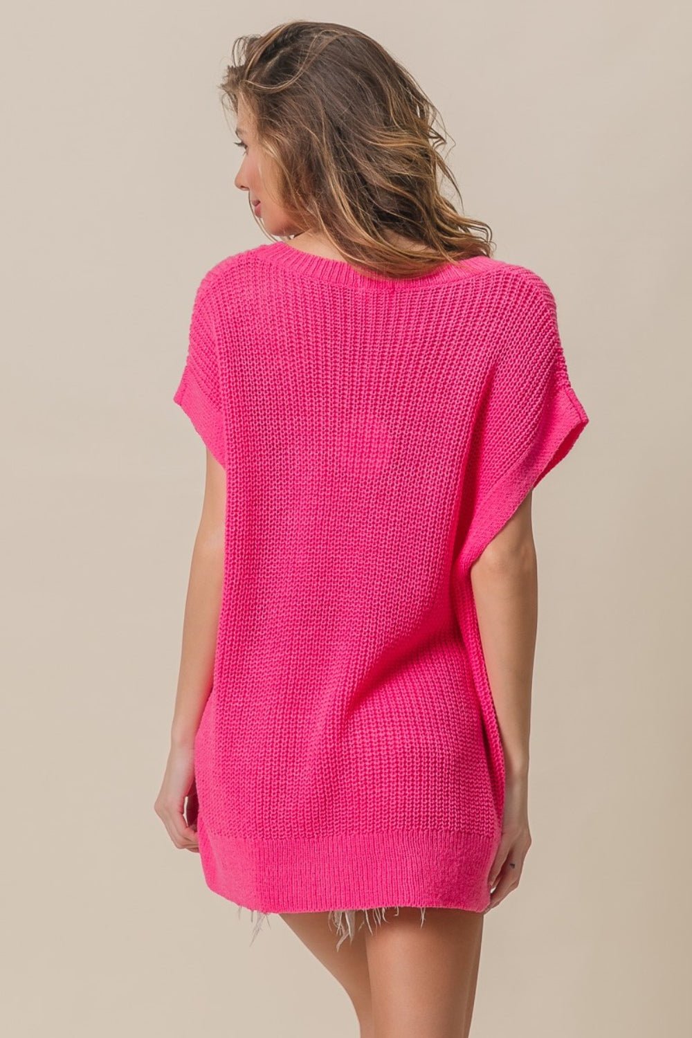 BiBiPatch Pocket Short Sleeve Sweater in Fuchsia