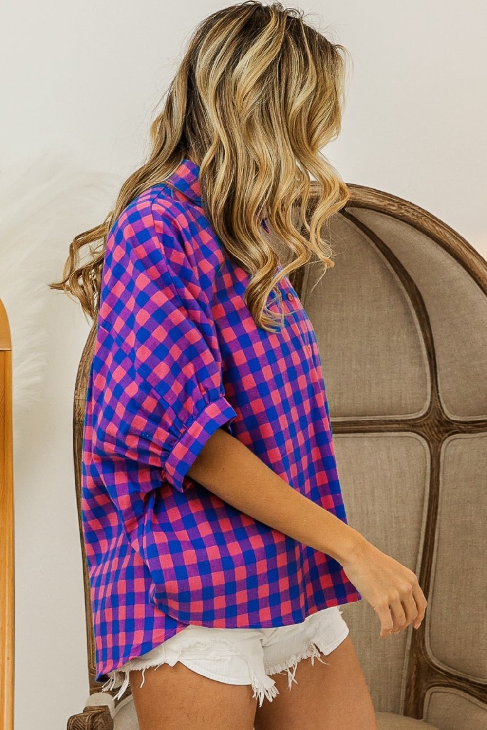 BiBiPlaid Button Up Dolman Sleeve Shirt in Navy Pink