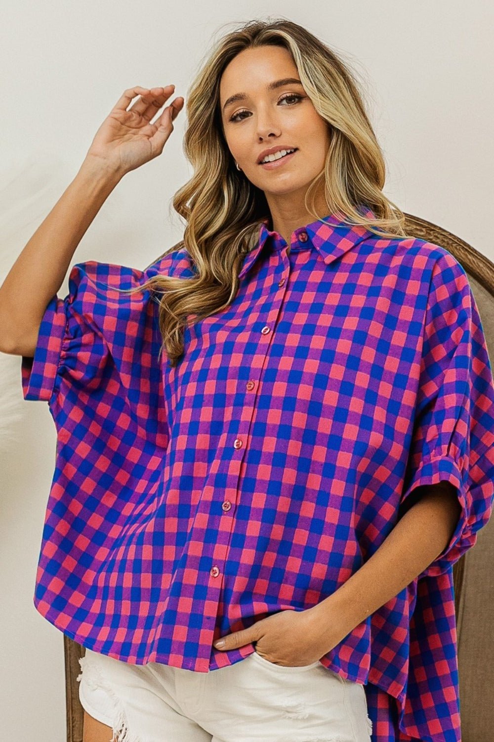 BiBiPlaid Button Up Dolman Sleeve Shirt in Navy Pink