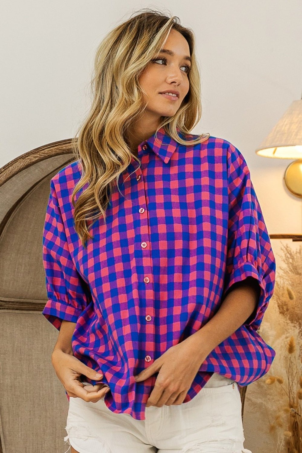 BiBiPlaid Button Up Dolman Sleeve Shirt in Navy Pink