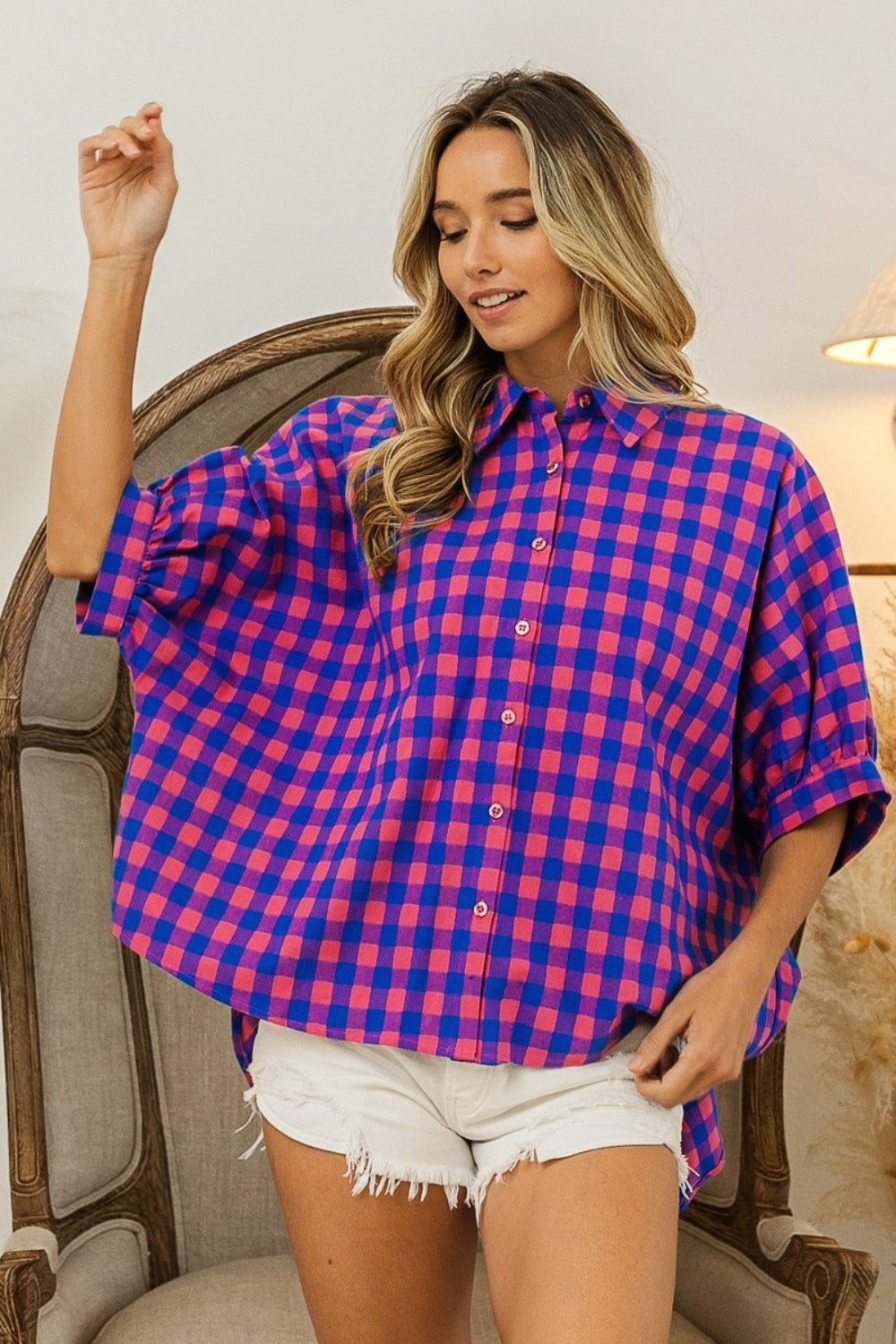 BiBiPlaid Button Up Dolman Sleeve Shirt in Navy Pink