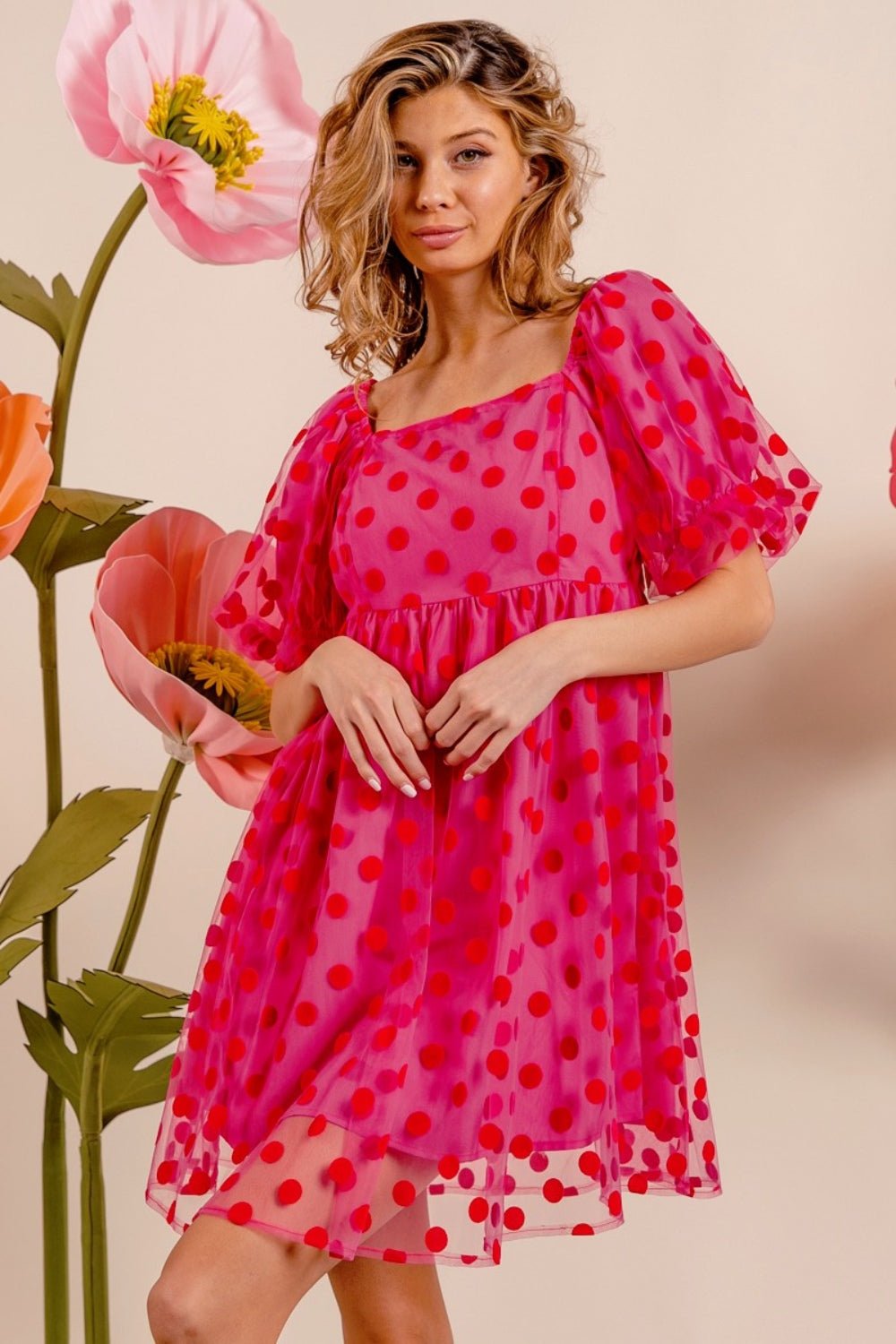 BiBiPolka Dot Mesh Puff Sleeve Mini Dress in Fuchsia