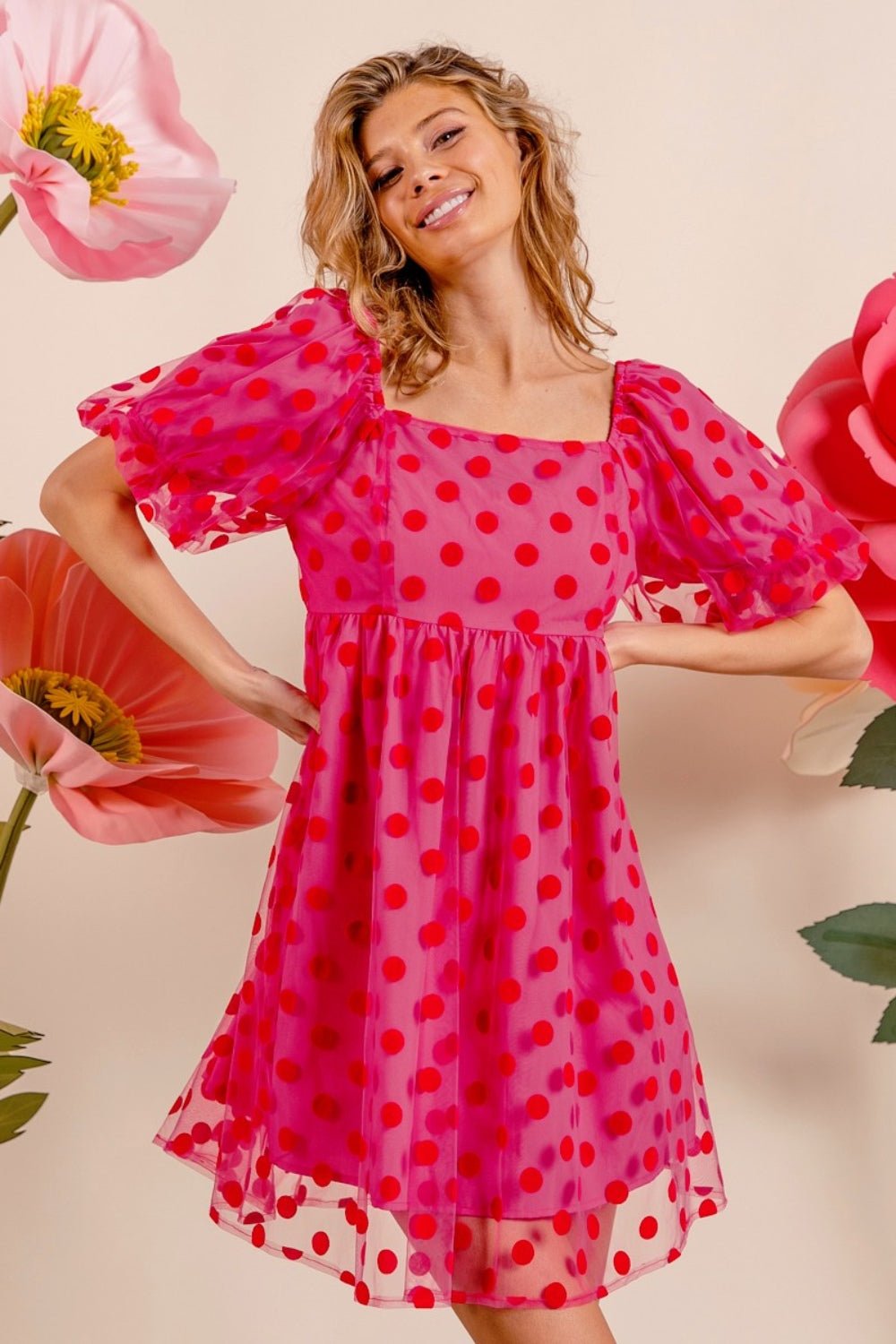 BiBiPolka Dot Mesh Puff Sleeve Mini Dress in Fuchsia