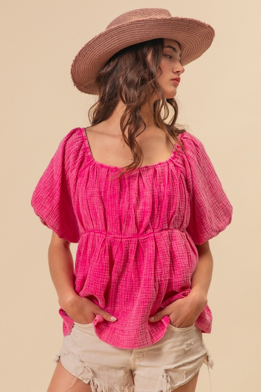 BiBiPuff Sleeve Washed Cotton Babydoll Blouse in Fuchsia