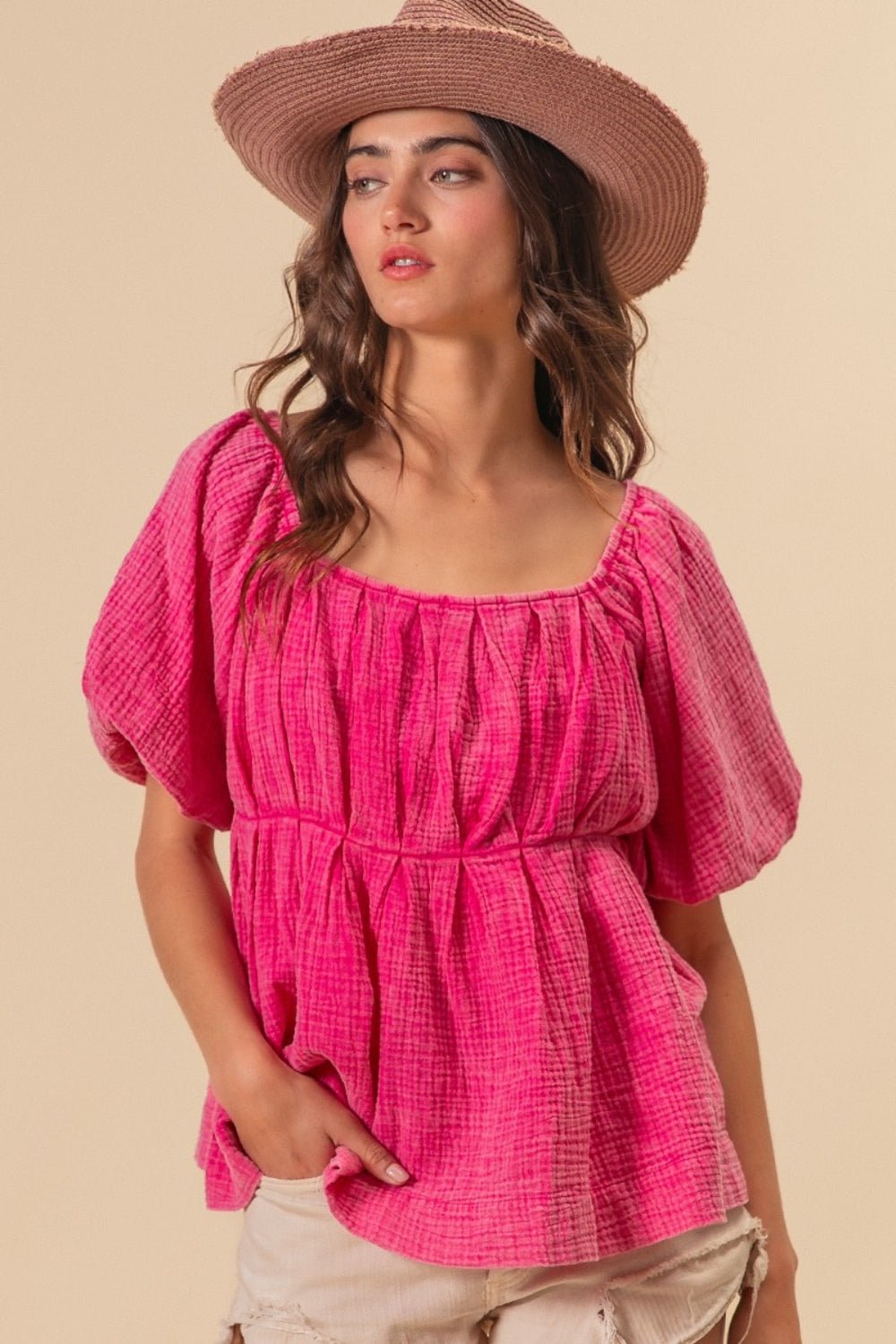 BiBiPuff Sleeve Washed Cotton Babydoll Blouse in Fuchsia