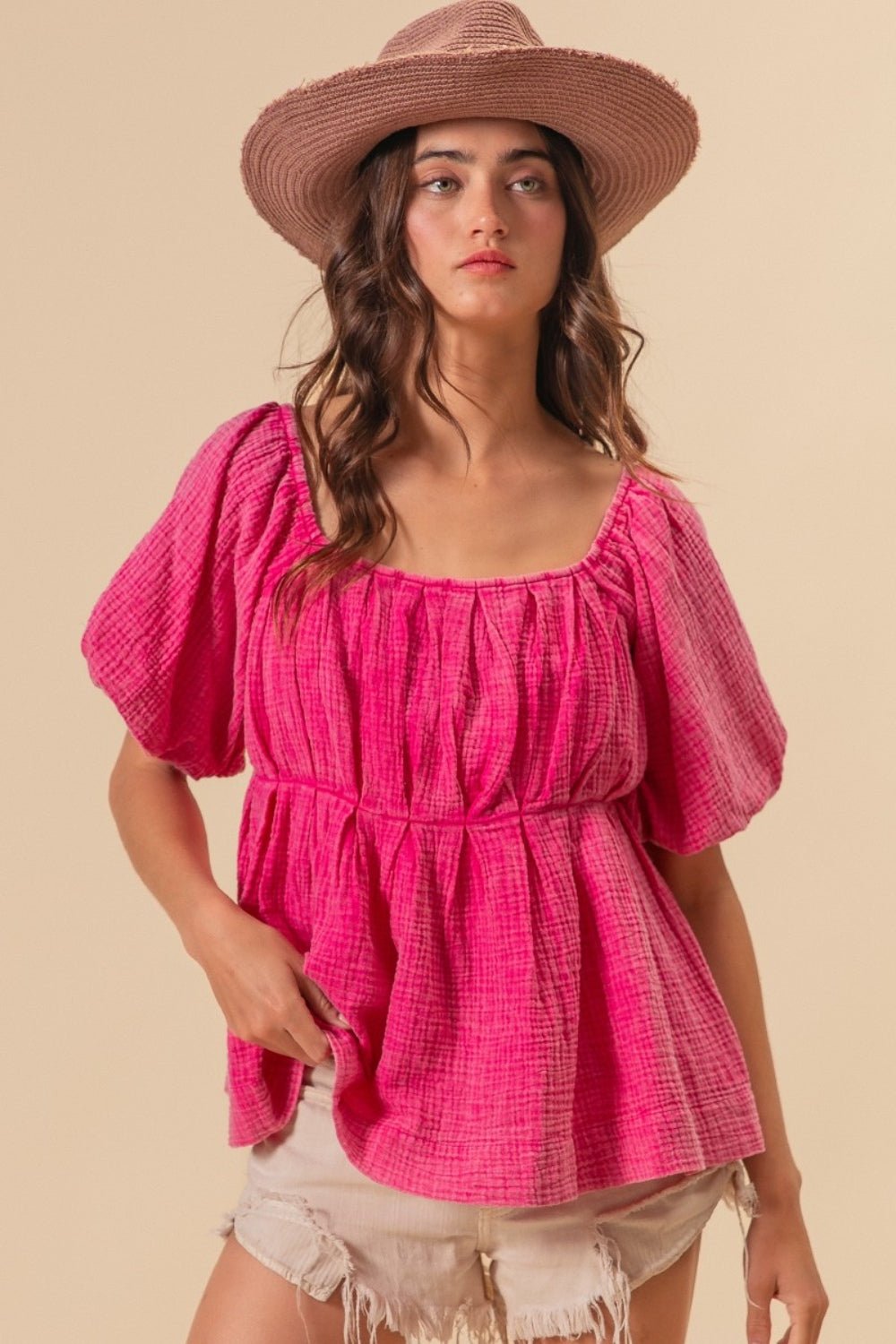 BiBiPuff Sleeve Washed Cotton Babydoll Blouse in Fuchsia