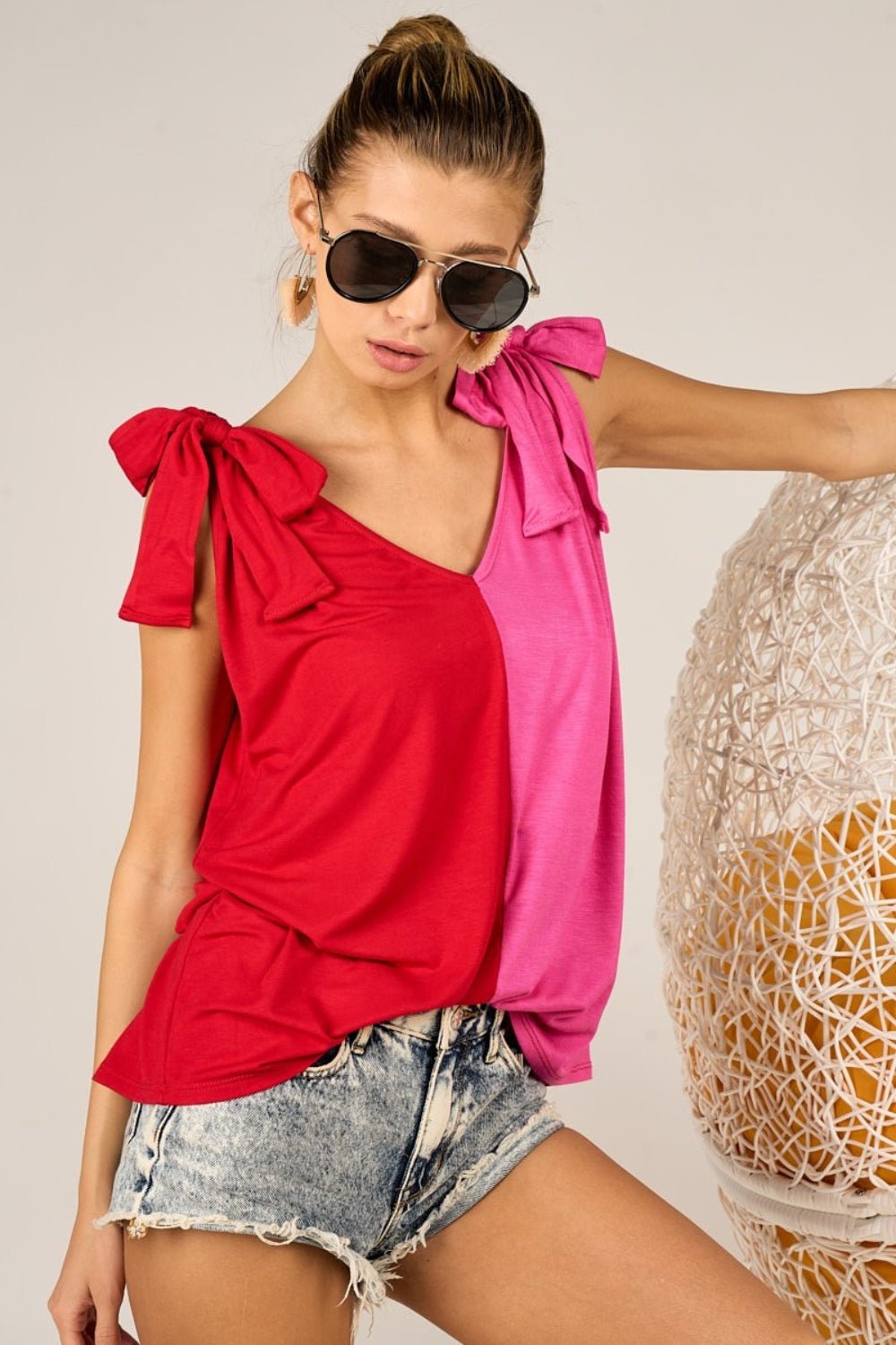 BiBiRibbon Shoulder Tie Contrast Tank in Red Fuchsia