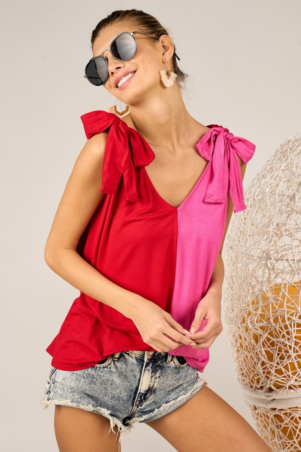 BiBiRibbon Shoulder Tie Contrast Tank in Red Fuchsia