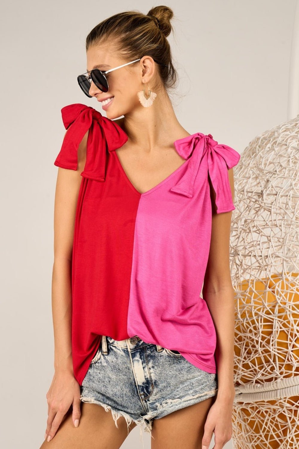 BiBiRibbon Shoulder Tie Contrast Tank in Red Fuchsia