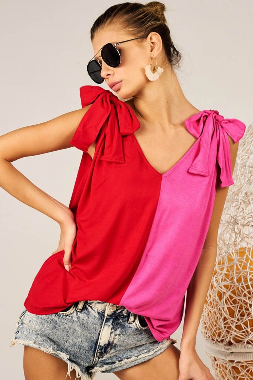 BiBiRibbon Shoulder Tie Contrast Tank in Red Fuchsia