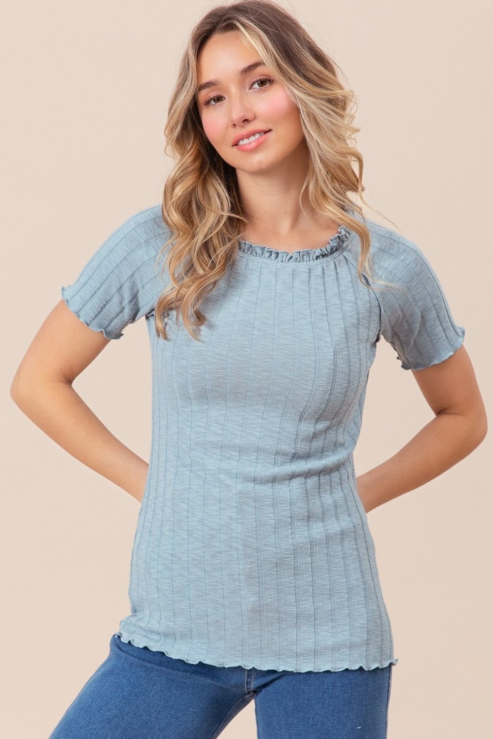 BiBiRuffle Merrow Edge Rib Knit Top in Vintage Blue