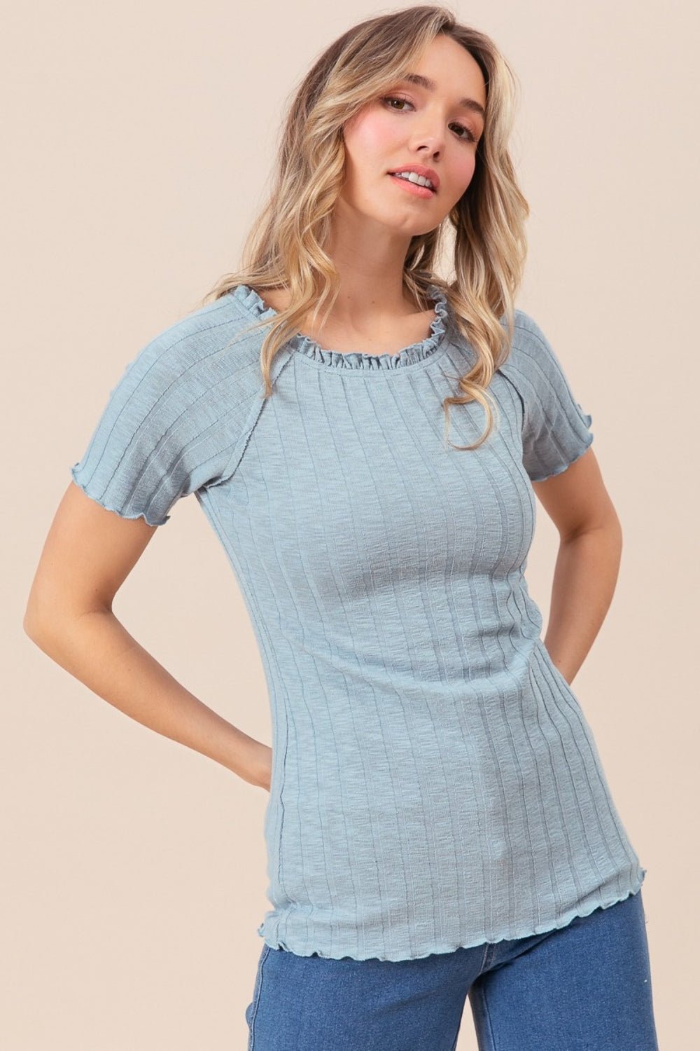 BiBiRuffle Merrow Edge Rib Knit Top in Vintage Blue