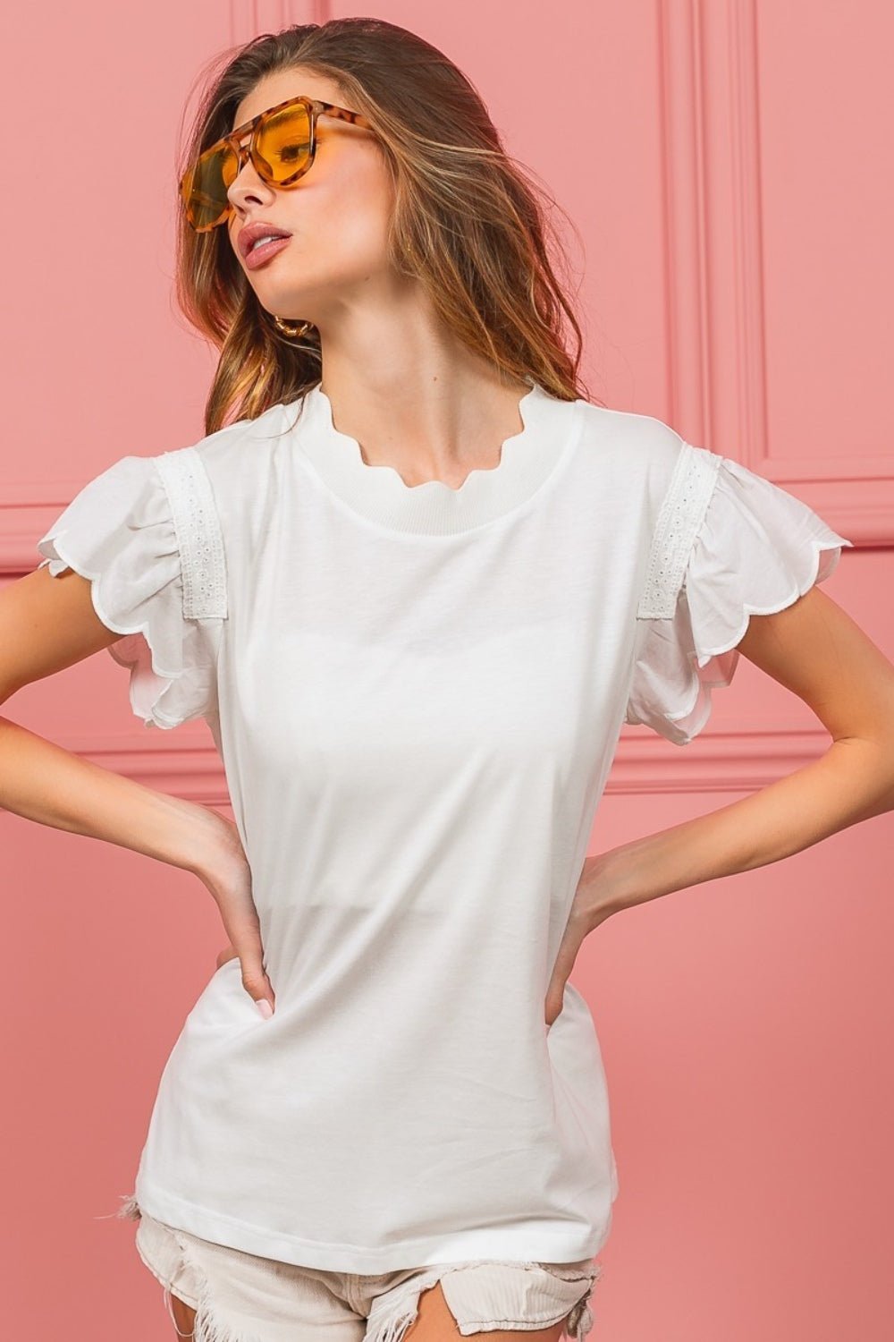 BiBiScallop Edged Lace Trim Top in Off - White