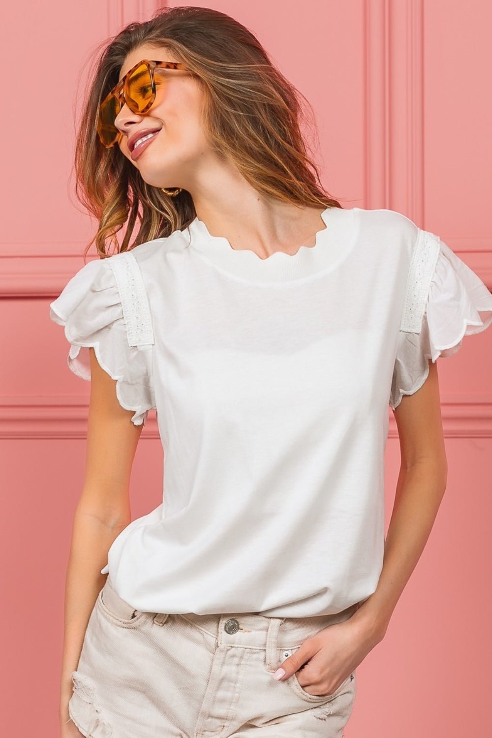 BiBiScallop Edged Lace Trim Top in Off - White