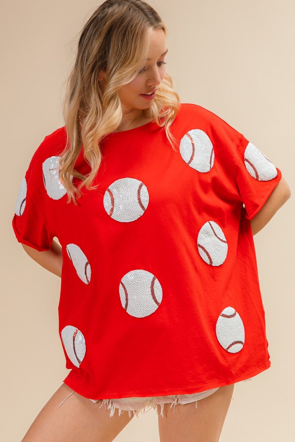 BiBiSequin Baseball Drop Shoulder Short Sleeve T - Shirt in Red