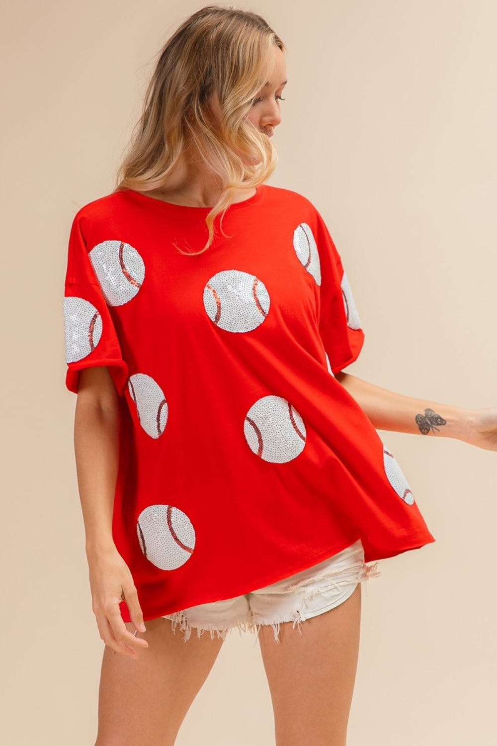 BiBiSequin Baseball Drop Shoulder Short Sleeve T - Shirt in Red