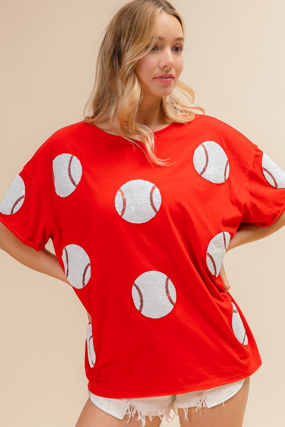 BiBiSequin Baseball Drop Shoulder Short Sleeve T - Shirt in Red