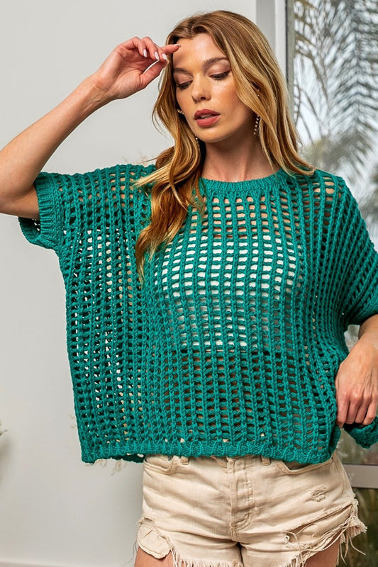 BiBiShort Sleeve Knit Crochet Top in Jade