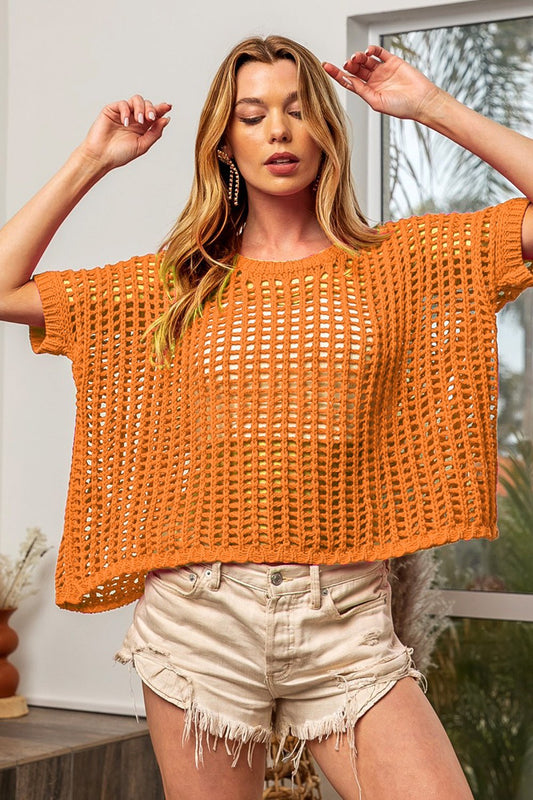 BiBiShort Sleeve Knit Crochet Top in Orange