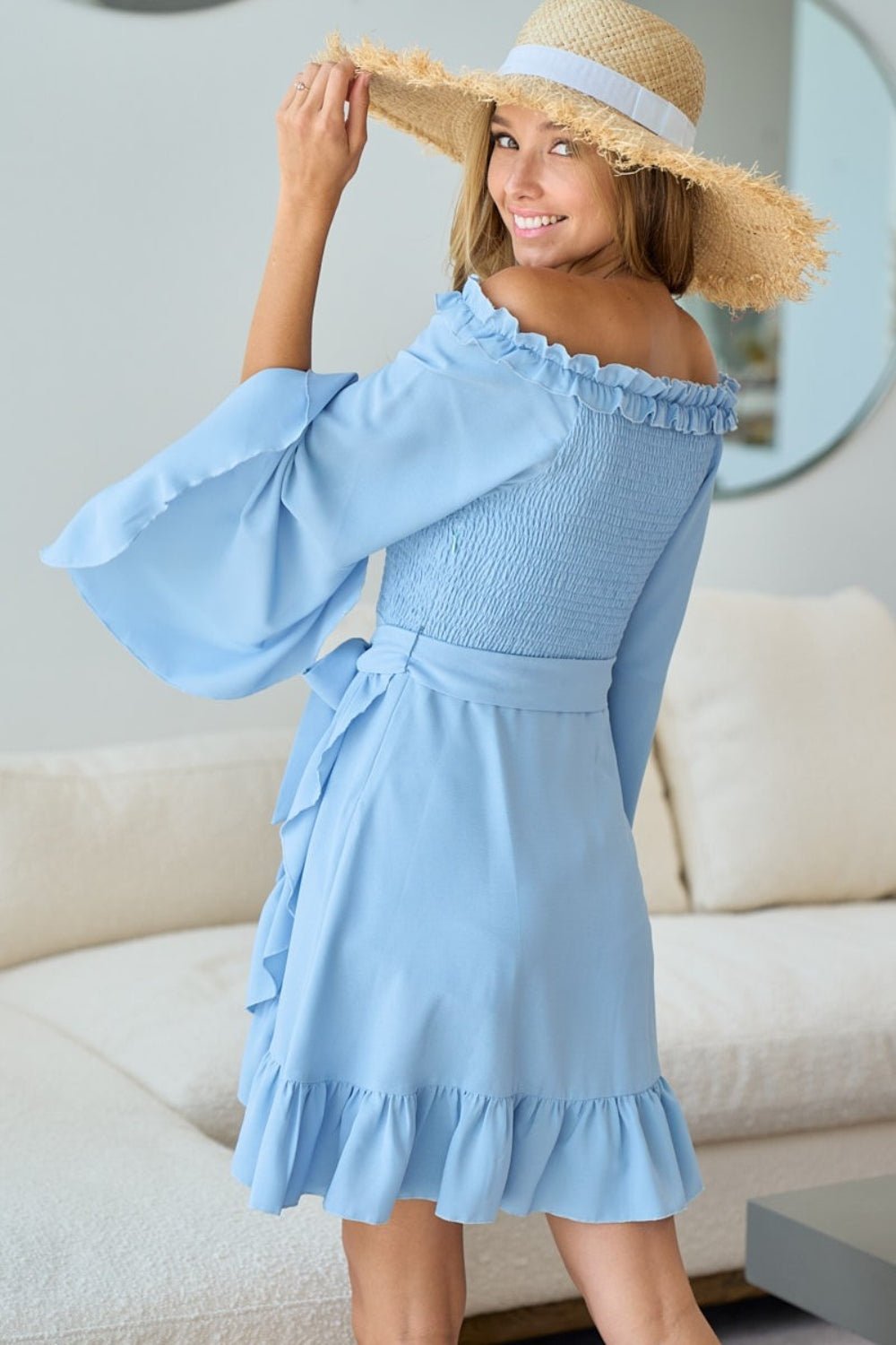 BiBiSmocked Ruffled Tie Waist Mini Dress in Ice Blue