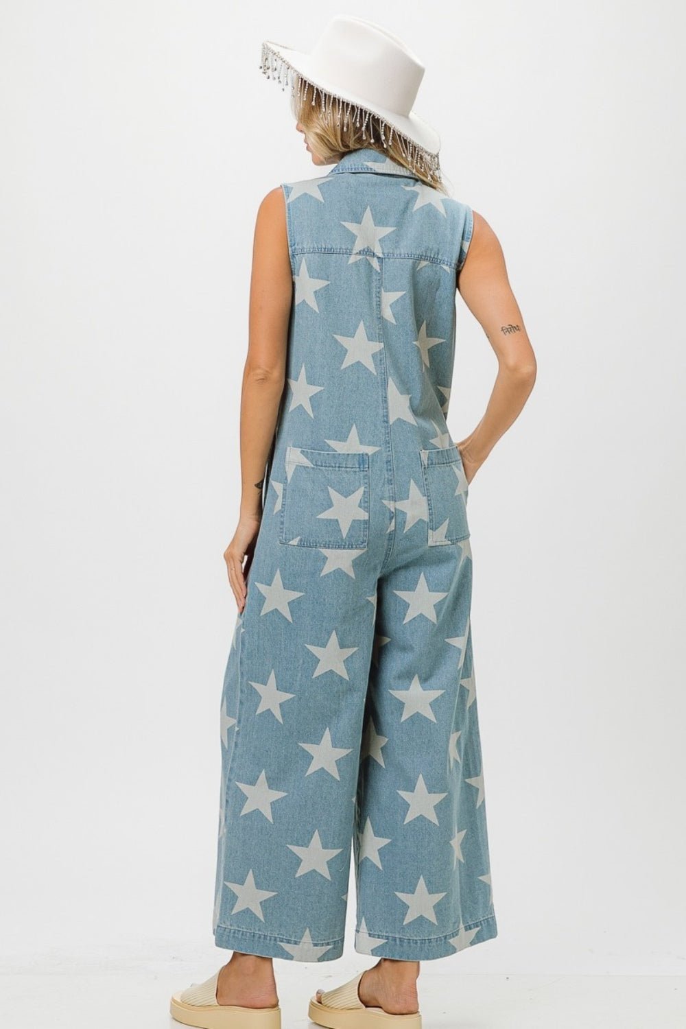 BiBiStar Print Half Zip Sleeveless Denim Jumpsuit