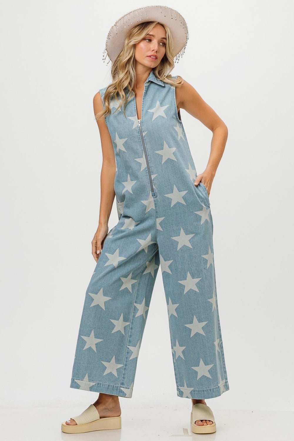 BiBiStar Print Half Zip Sleeveless Denim Jumpsuit