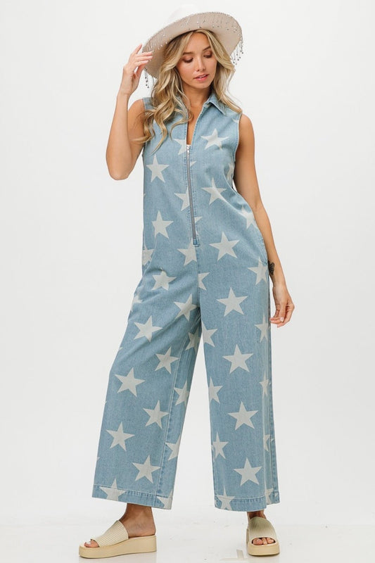 BiBiStar Print Half Zip Sleeveless Denim Jumpsuit