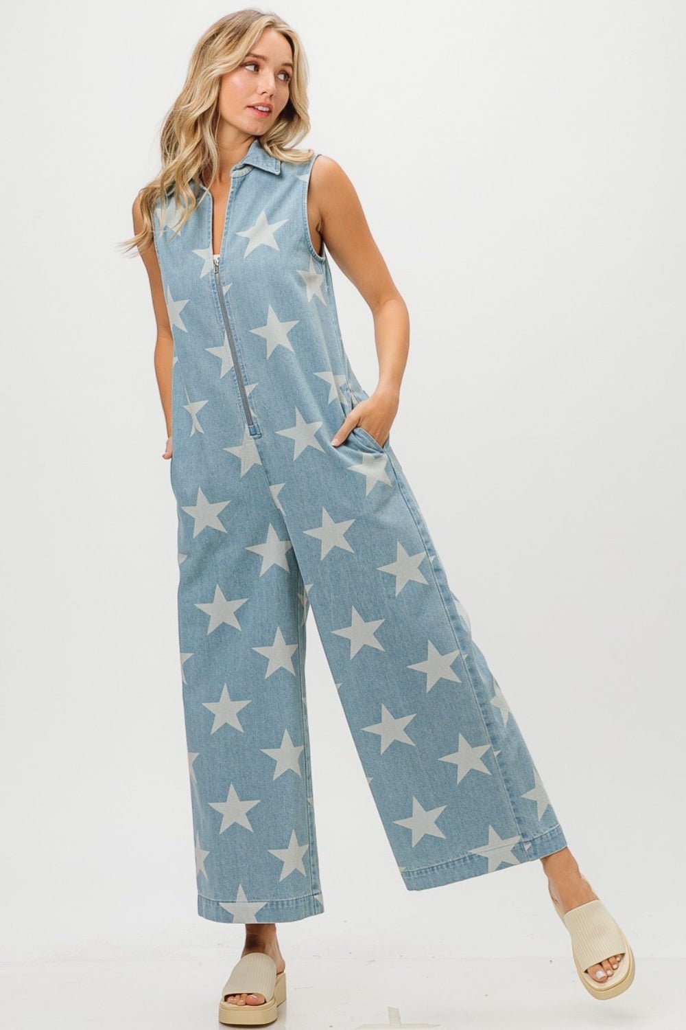 BiBiStar Print Half Zip Sleeveless Denim Jumpsuit