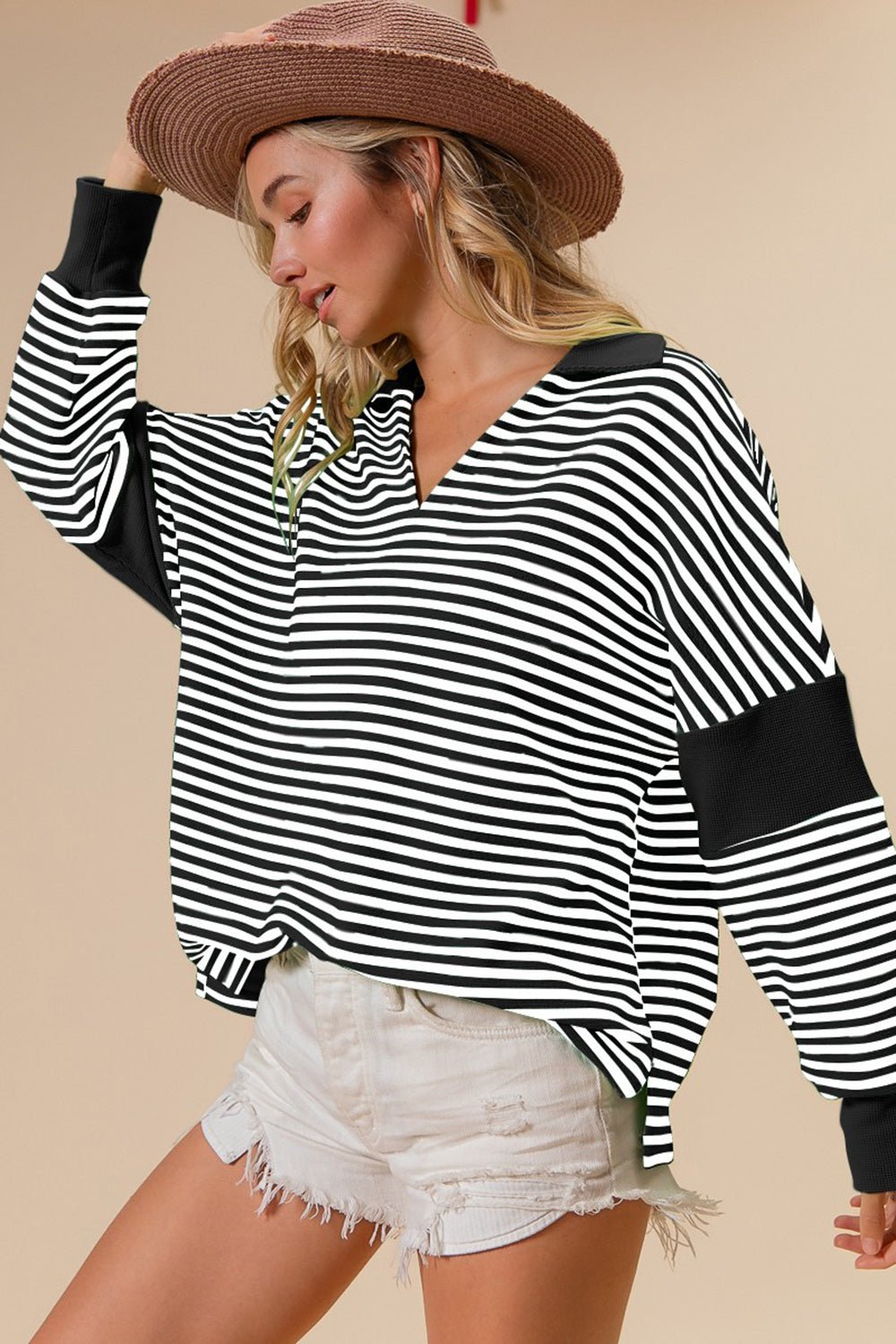 BiBiStriped Contrast Long Sleeve Knit Top in Black