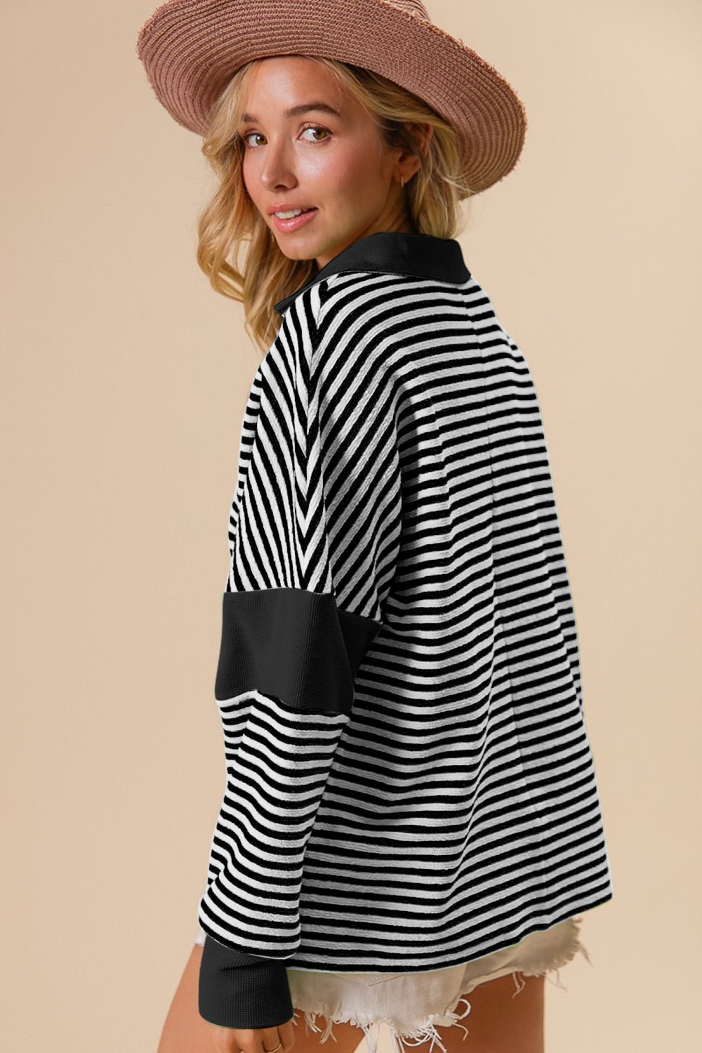 BiBiStriped Contrast Long Sleeve Knit Top in Black